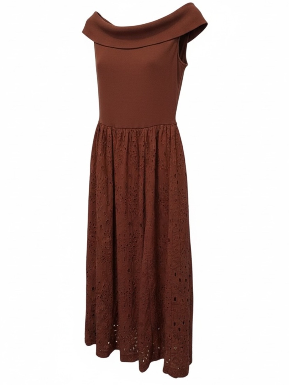 LOFT cotton blend rust brown off shoulder eyelet skirt midi dress size 2 - NWOT!